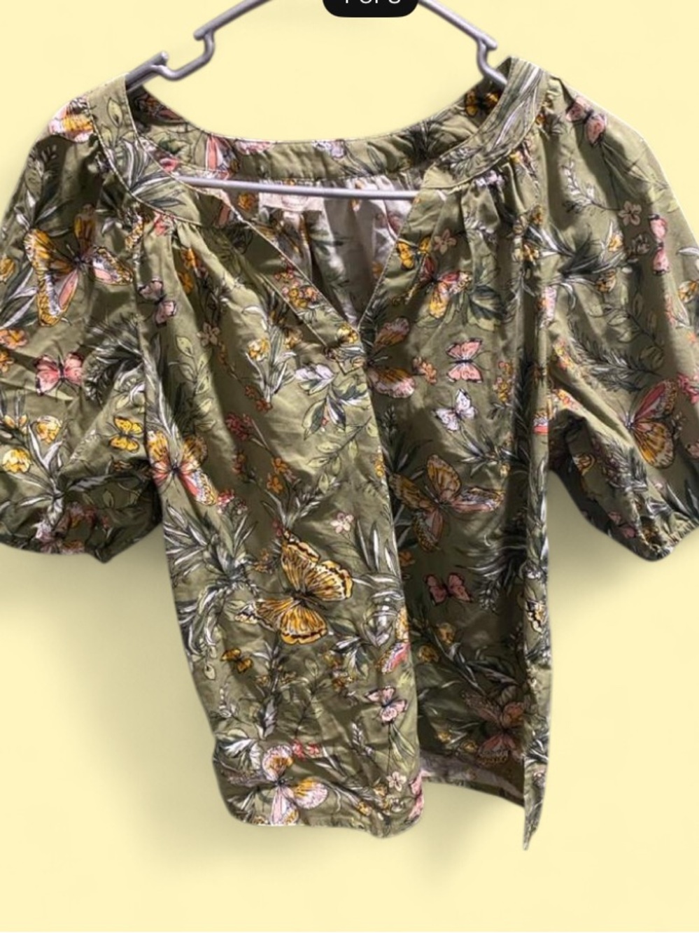 Floral Butterfly Puff-Sleeve Blouse in Olive Green